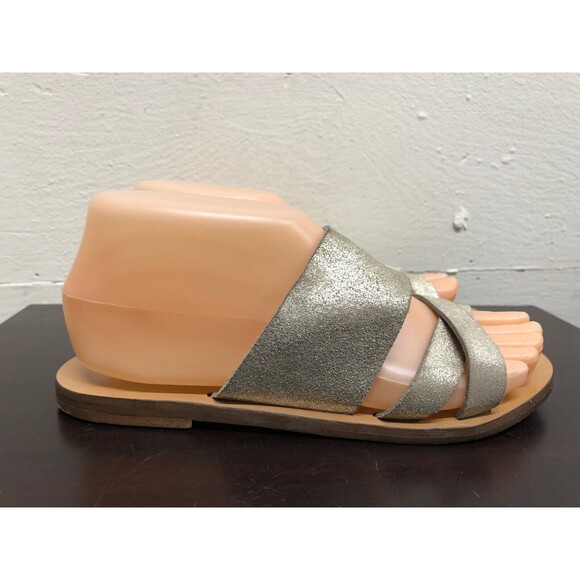 J Crew Made in Italy Women Slip On gold Leather Flat Sandals Slides shoes Size 6 - Picture 3 of 10